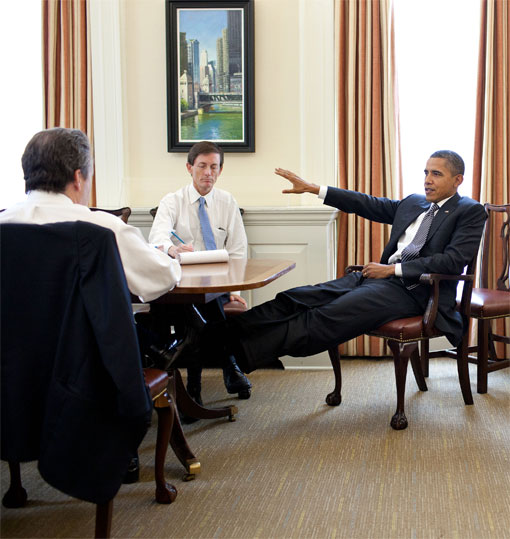 Barack Obama, putting his feet up on furniture in the White House